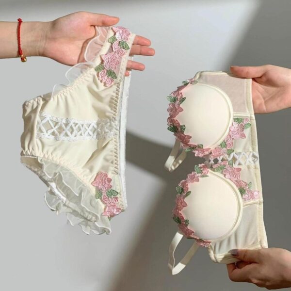 cream underwear set with embroidered flower design, pure cotton, comfortable and breathable