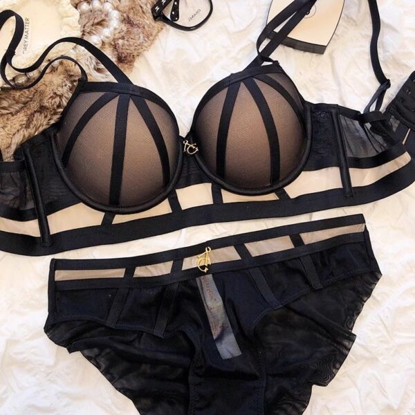 Sexy black mesh chiffon bikini with black ribbon wrap design underwear set