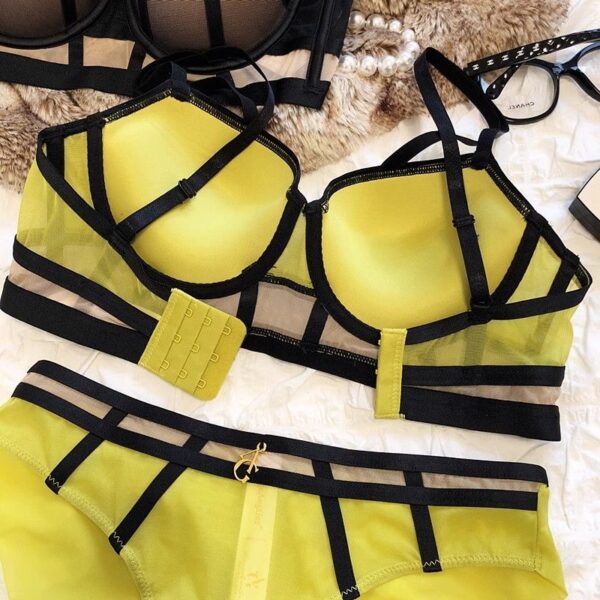 A sexy lingerie set bikini with a lemon yellow black ribbon wrap design