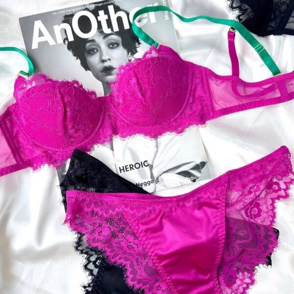 Contrasting color patchwork shoulder strap lace embroidery lingerie set, rose red sexy lingerie set