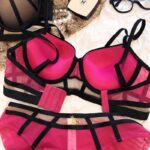Sexy pink bikini and black ribbon wrapped design underwear set